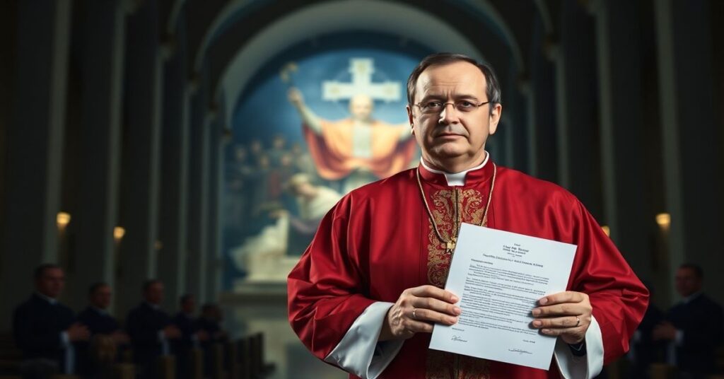 Portret Jorge Novaka w nowoczesnym kościele z dokumentem anulacji procesu kanonizacyjnego