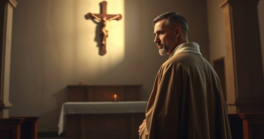 Realistyczne zdjęcie kapłana w liturgicznym stroju, stojącego przed krzyżem w kościele, wyrażającego pokorę i głęboką wiarę, symbolizujące autentyczną katolicką pobożność i odrzucenie nowoczesnych herezji