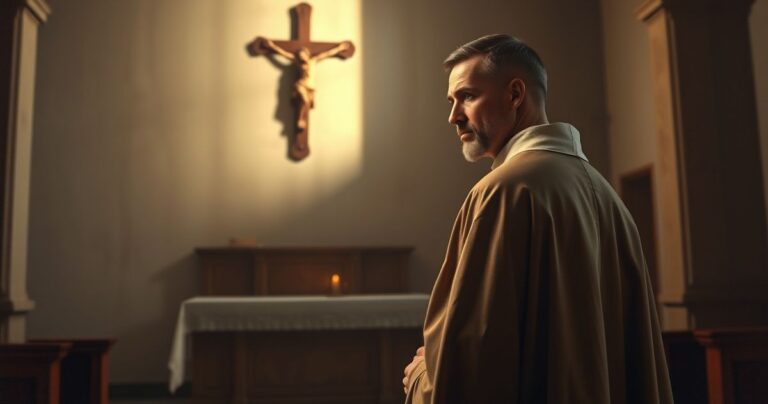 Realistyczne zdjęcie kapłana w liturgicznym stroju, stojącego przed krzyżem w kościele, wyrażającego pokorę i głęboką wiarę, symbolizujące autentyczną katolicką pobożność i odrzucenie nowoczesnych herezji