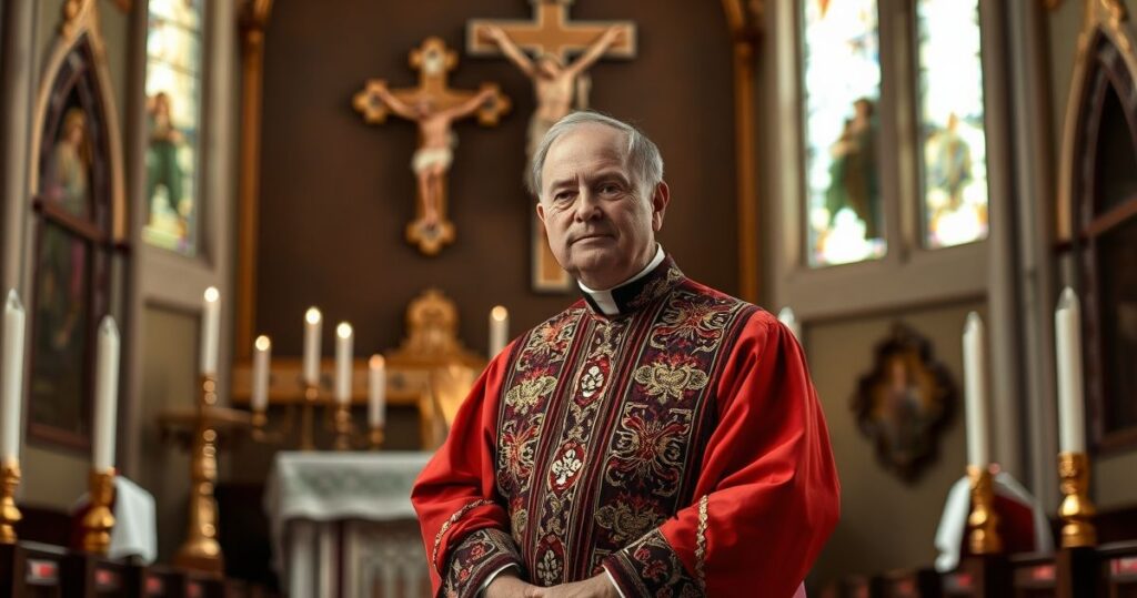 Reprodukcja realistycznego, pełnego szacunku portretu katolickiego kapłana w tradycyjnych szatach w kościele, symbolizującego autorytet i wierność wierze.