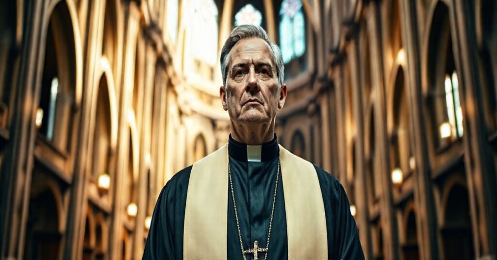 Realistyczny portret kapłana w sutannie w katedrze, symbolizującego obronę prawdziwej wiary katolickiej, poważny i duchowy