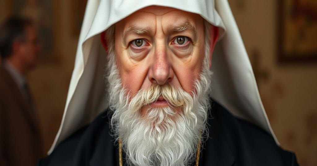 Portret ks. Nikosa Skurasa w tradycyjnym stroju kapłańskim przed ołtarzem kościelnym, symbolizujący krytykę fałszywych nauk duchowych.