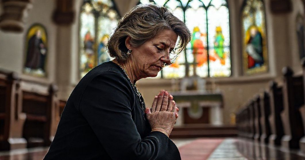 Portret lekarki Branki Pereira Acevedo modlącej się przed pustym sanktuarium w Fatimie