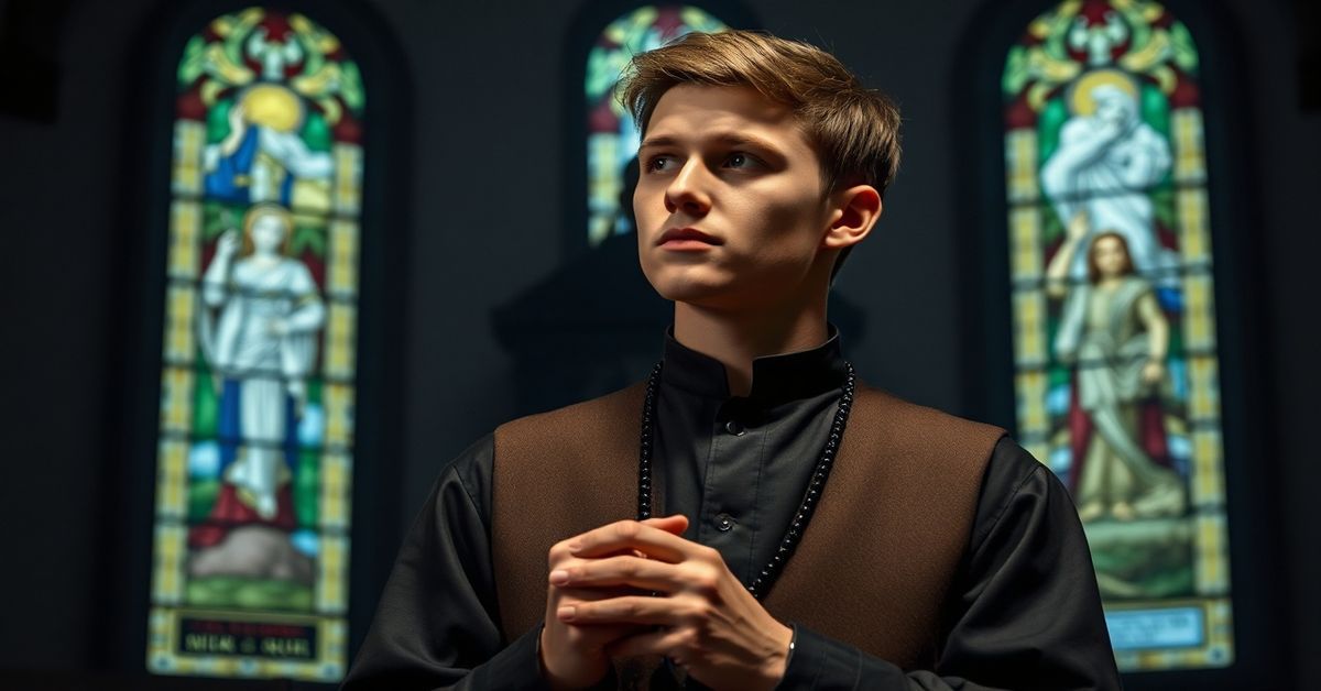 Portret Łukasza Litewki w tradycyjnym polskim stroju trzymającego różaniec w ciemnym wnętrzu kościoła