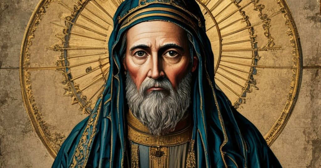 Portret o. Józepha Andrasza SJ w tradycyjnym habitach jezuickim, otoczony wiernymi.