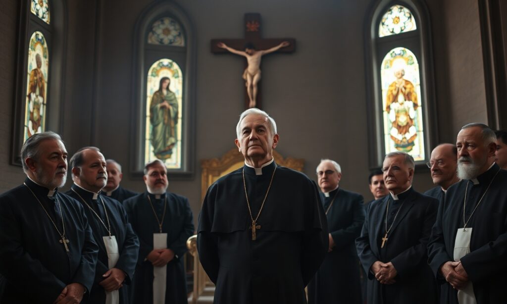 Grupa tradycyjnych katolików w kaplicy z Ojcem Giuseppe Pagano w środku