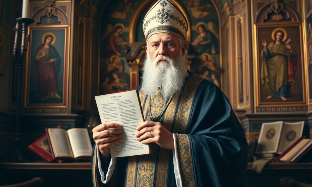 Portret św. Atanazego z Aleksandrii w tradycyjnym stroju biskupim, trzymającego Kredę Nicejską w kościele z klasyczną sztuką katolicką.