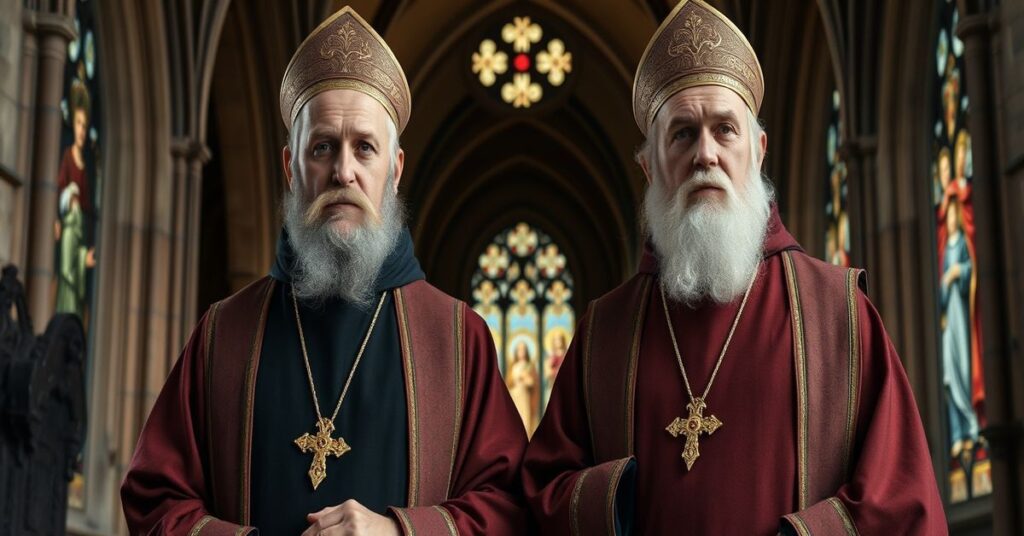 Portret świętych Cyryla i Metodego w tradycyjnych szatach kościlnych, stojących przed katedrą w stylu romańskim. Ich twarze wyrażają stanowczość i pobożność. Tło odzwierciedla ich nieugiełną misję w obronie wiary katolickiej.