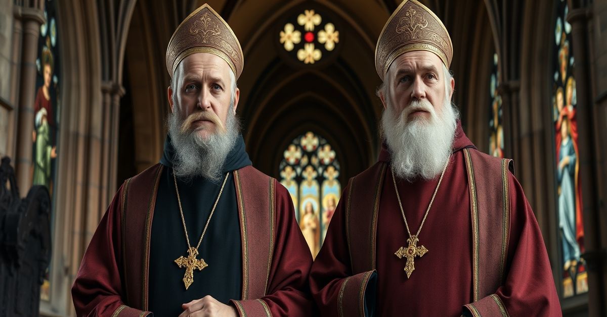 Portret świętych Cyryla i Metodego w tradycyjnych szatach kościlnych, stojących przed katedrą w stylu romańskim. Ich twarze wyrażają stanowczość i pobożność. Tło odzwierciedla ich nieugiełną misję w obronie wiary katolickiej.