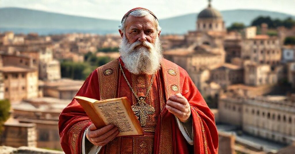 Portret św. Leona Wielkiego w tradycyjnych szatach papieskich trzymającego swój Tomek do Flawiana na tle starego Rzymu.