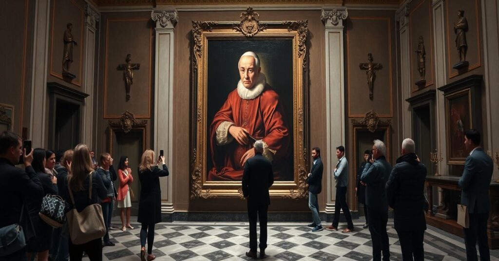 Portret papieża Urbana VIII autorstwa Caravaggia wystawiony w Palazzo Barberini. Wokół nie czekają się wierni w modlitwie, lecz tłumy turystów i amatorów sztuki.