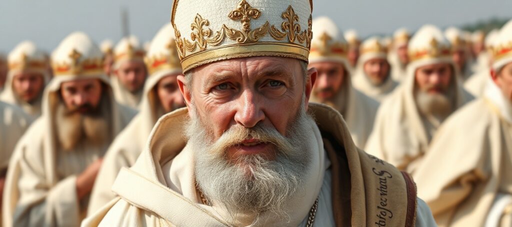 Portret Roberta Prevosta znalezionego jako Leon XIV z encykliką Magnifica Humanitas przed Watykanem.
