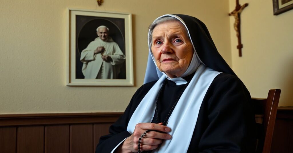 Portret starszej zakonnicy w tradycyjnym habit dominikańskim, siedzącej w skromnym pokoju z krzyżem na ścianie i zdjęciem Papieża Piusa XII w tle.