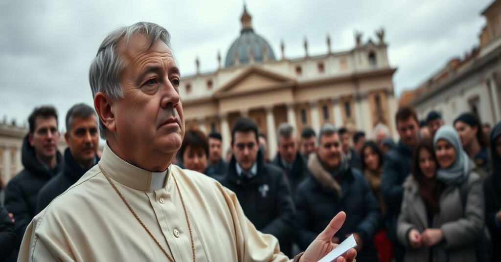 Portret mężczyzny w tradycyjnym katolicznym stroju duchownego stojącego przed Bazyliką św. Piotra w Rzymie