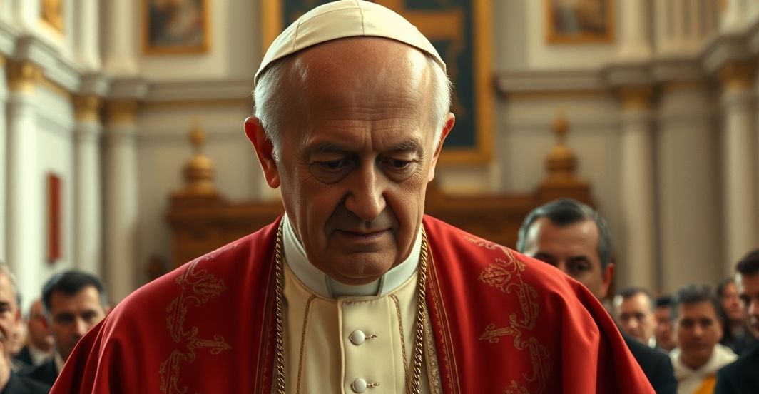 Portret Jana Pawła II w duchu tradycyjnej katolickiej sakralności Realistyczny portret papieża Jana Pawła II podczas uroczystej publicznej wizyty w kościele, ukazujący jego pokorną postawę i duchowy majestat