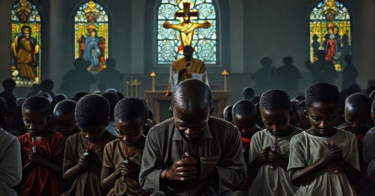 Obraz przedstawiający katolickie dzieci z Nigerii modlące się w tradycyjnym kościele z witrażami Chrystusa Króla. Tło ukazuje groźnych islamskich ekstremistów i przygnębionego ojca trzymającego krzyż.