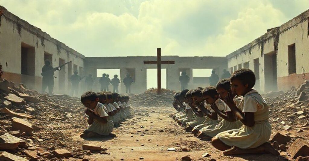 Grupa przerażonych katolickich uczniów modlą się po porwaniu z nigerijskiej szkoły w 2025 roku.