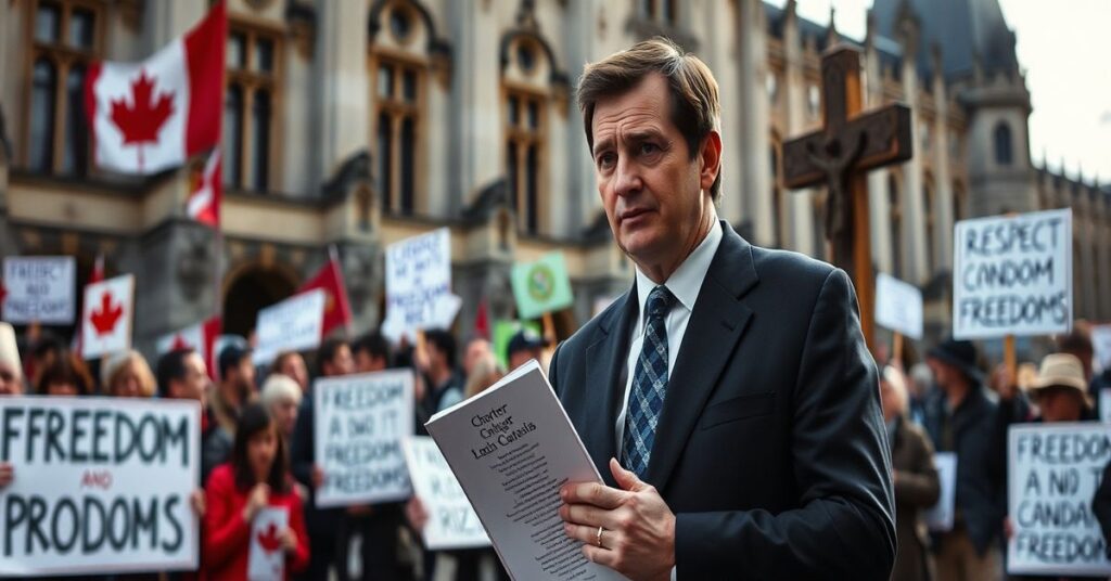 Zdjęcie przedstawia posła Andrew Lawtona przed parlamentem kanadyjskim trzymającego Kartę Praw i Wolności. W tle widoczni protestujący Konwoju Wolności. Scena jest poważna i krytyczna.