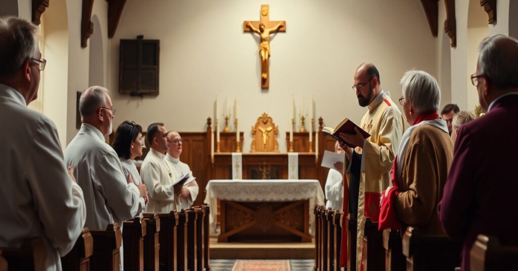 Grupa duchownych i wiernych w tradycyjnym kościele katolickim podczas mszy świętej.