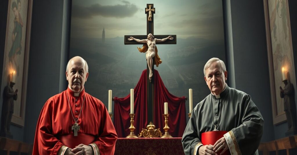 Obraz przedstawiał "kardynałów" Stanisława Dziwisza i Grzegorza Rysia oraz "biskupa" Sławomira Odera w wątpiącej atmosferze watykańskiej, symbolizującej posoborowy relatywizm.