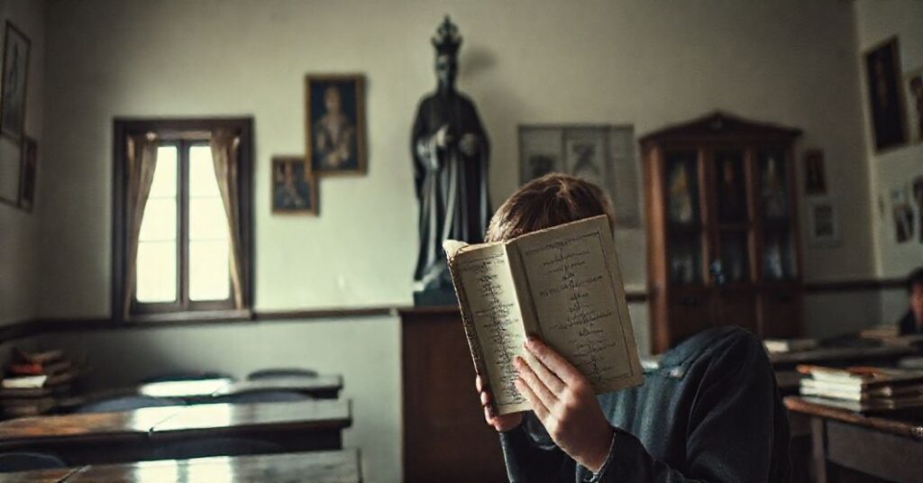 Pomieszczenie tradycyjnego katolickiego szkolnictwa w Sulincinach z rzeźbą modernistycznego uzurpatora i przerażonym uczniem trzymającym Ewangelię jako lustro. Scena kontrastuje z dawnymi podręcznikami katolickimi i ikonografią, podkreślając duchowy upadek i błędy teologiczne szerzone przez herezję posoborową.