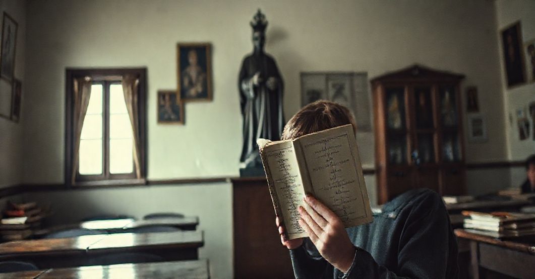 Pomieszczenie tradycyjnego katolickiego szkolnictwa w Sulincinach z rzeźbą modernistycznego uzurpatora i przerażonym uczniem trzymającym Ewangelię jako lustro. Scena kontrastuje z dawnymi podręcznikami katolickimi i ikonografią, podkreślając duchowy upadek i błędy teologiczne szerzone przez herezję posoborową.