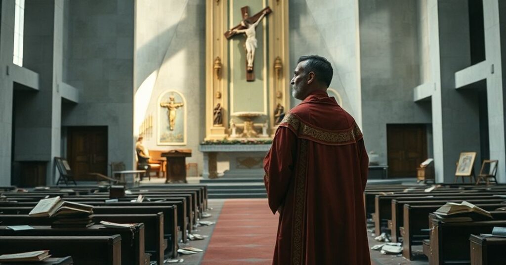 Powietrzną tradycyjną liturgię zastąpił pusty modernistyczny ołtarz z rozrzuconymi książkami i porzuconymi przedmiotami liturgicznymi. Zakłopotany ksiądz trzyma krucyfiks w ręku.