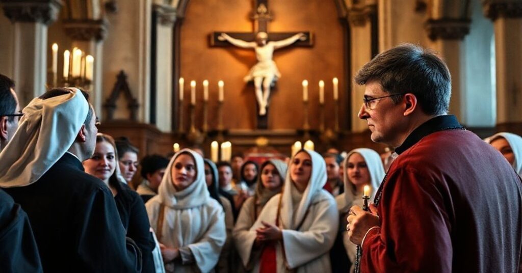 Młodzi wolontariusze w tradycyjnym stroju katolickim słuchają „biskupa” Zbigniewa Wołkowicza w sanktuarium MB Zwycięskiej w Łodzi. Tło przedstawia krzyż i znicze.