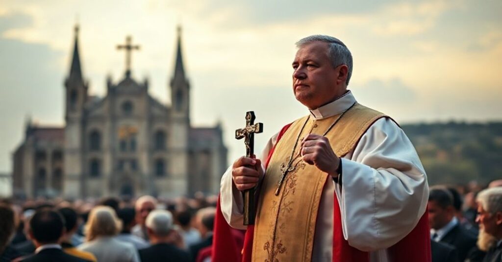 Tradycyjny katolicki ksiądz w ornacie stoi przed zgromadzeniem, trzymając krzyż i wskazując w dal. Scena jest oświetlona ciepłym światłem podkreślającym powagę misji nawrócenia narodu dla Chrystusa Króla.