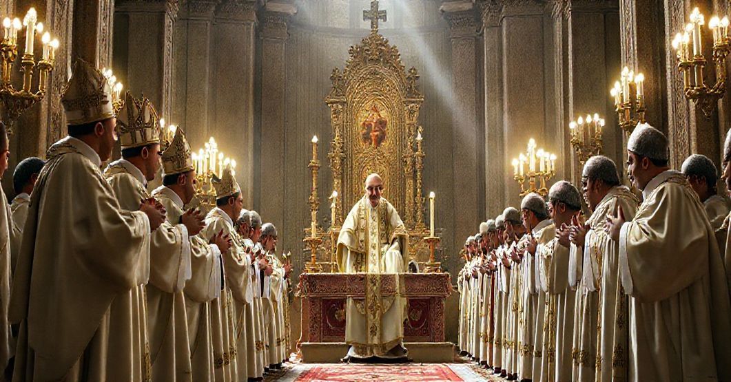 Uroczystość fałszywego konsekracji biskupiej w Watykanie, ukazująca brakującej autentycznej Świętej Sakramentu i duchowej pustki