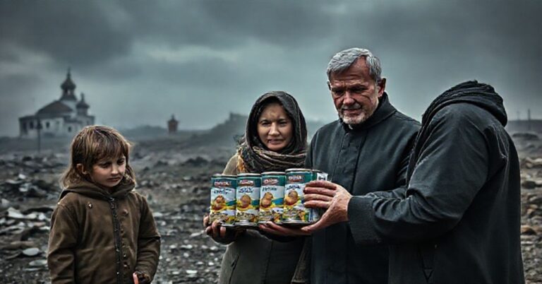 Pokrzywdzona rodzina ukraińska otrzymująca помощь materialną od przedstawiciela Watykanu w zniszczonym krajobrazie wojennym