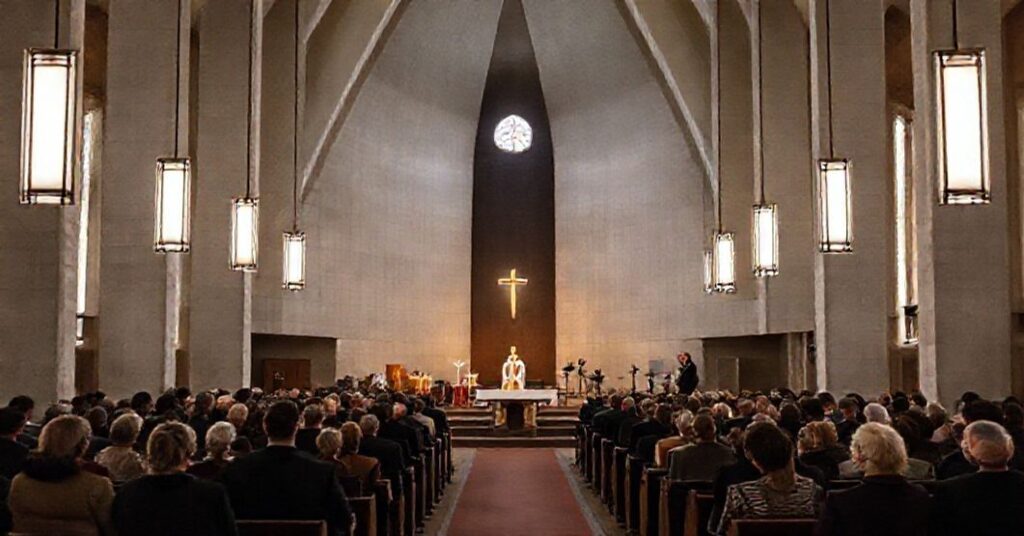 Wnętrze pseudokatedry w Bydgoszczy podczas modernistycznych "Wigilii Adwentowych". Brak prawdziwej liturgii i adoracji Najświętszego Sakramentu.