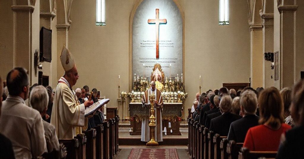 Ciemna ceremonia wręczenia nagrody "Viventi Caritate" w nowoczesnej "katedrze" z "biskupem" w posoborowych ornatach. Scena pokazuje sekularyzację miłosierdzia katolickiego przez skupienie na doczesnych czynach bez odniesienia do zbawienia.