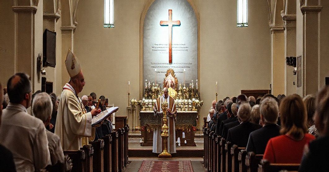 Ciemna ceremonia wręczenia nagrody "Viventi Caritate" w nowoczesnej "katedrze" z "biskupem" w posoborowych ornatach. Scena pokazuje sekularyzację miłosierdzia katolickiego przez skupienie na doczesnych czynach bez odniesienia do zbawienia.