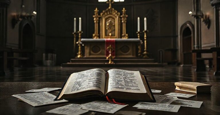 Scena kościelna przedstawiająca zniszczenie sakramentalnej natury kapłaństwa przez pseudoreformy posoborowe. Ołtarz z pustym tronem i otwartym Katechizmem Trydenckim.