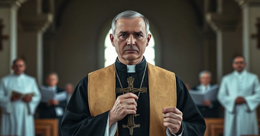 Ksiądz katolicki w tradycyjnych szatach liturgicznych trzyma krzyż z troskliwym wyrazem twarzy w ciemnym kościele. W tle rozmyte postacie doradców świeckich i dokumentów prawnych symbolizują posoborowe reformy ochrony niemowlaków.