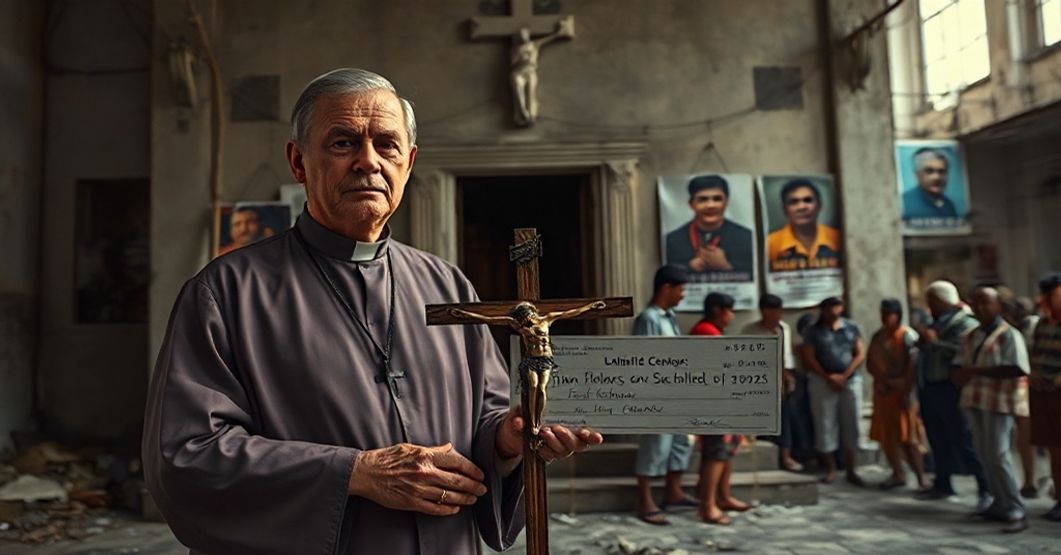 Tradycyjny ksiądz katolicki przed zniszczonym kościołem w Hawanie z czekiem Departamentu Stanu USA w tle
