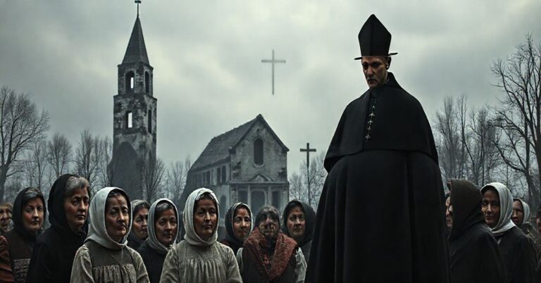 Grupa Polaków w tradycyjnych strojach modli się przed ruinami kościoła, symbolizującą zakłócenie prawdziwego duszpasterstwa. Na tle widoczna jest nowoczesna struktura watykańska.