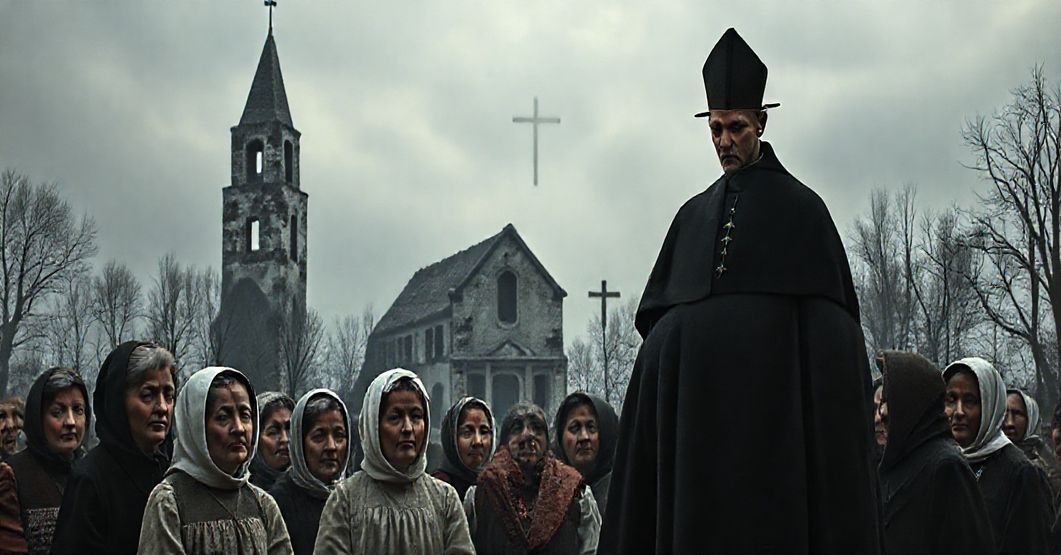 Grupa Polaków w tradycyjnych strojach modli się przed ruinami kościoła, symbolizującą zakłócenie prawdziwego duszpasterstwa. Na tle widoczna jest nowoczesna struktura watykańska.