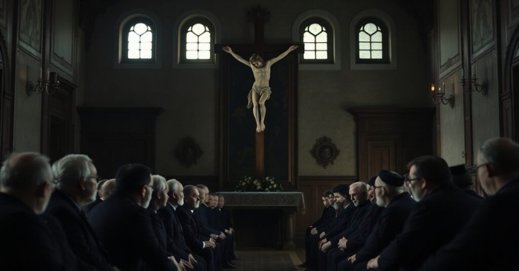 Scena w kaplicy w schronisku dla bezdomnych w Szczodrem, gdzie odbywają się 'rekolekcje' pod kierunkiem 'biskupa' Jacka Kicińskiego i 'księdza' Ryszarda Zawadzkiego. W tle widoczny jest uszkodzony krucyfiks.