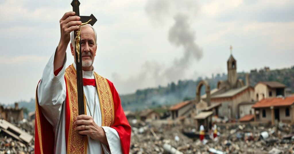 Kapłan w tradycyjnych szatach stoi przed spustoszeniem wojennym z krzyżem w ręku, podkreślając bezcelowość sekularnych rozwiązań.