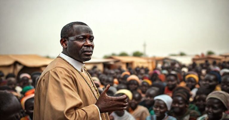 Melancholiczna scena w "diecezji" Malakalu w Sudanie, gdzie Stephen Ameyu przemawia do ludności dotkniętej kryzysem, bez sakramentów lub zbawienia.