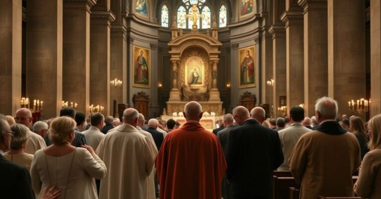 Wnętrze katedry z posoborową liturgią pod przewodnictwem "abp" Adama Szala, obecność przedstawicieli schizmatyckich Kościołów i symboli ekumenizmu.