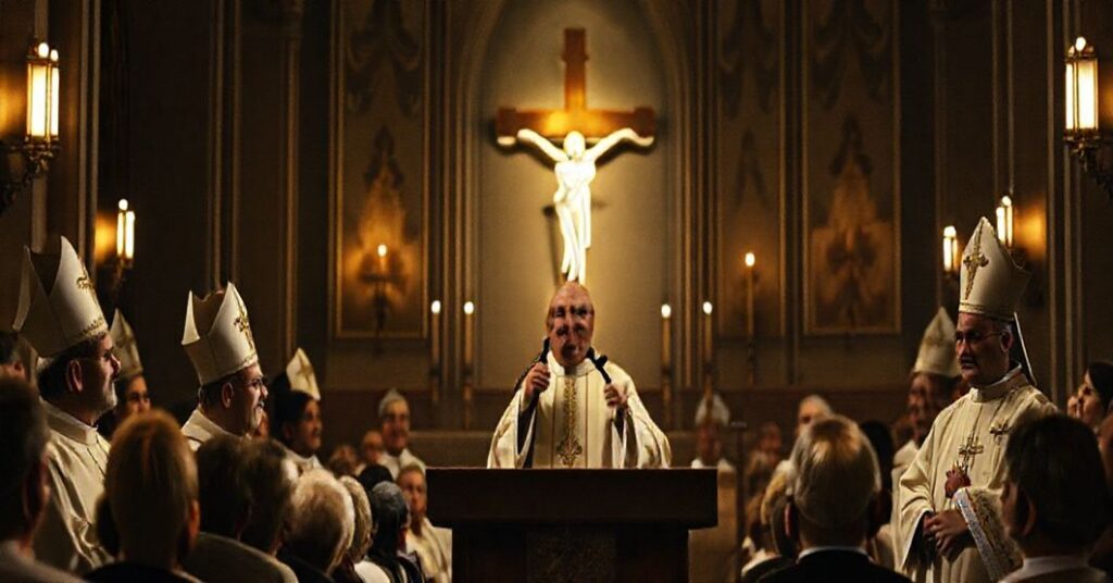 Grupa „biskupów“ posoborowych podczas uroczystości Wszystkich Świętych, prezentująca modernistyczne zniekształcenia katolickiej nauki o świętości