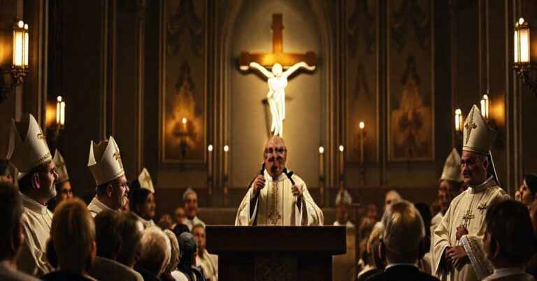 Grupa „biskupów“ posoborowych podczas uroczystości Wszystkich Świętych, prezentująca modernistyczne zniekształcenia katolickiej nauki o świętości