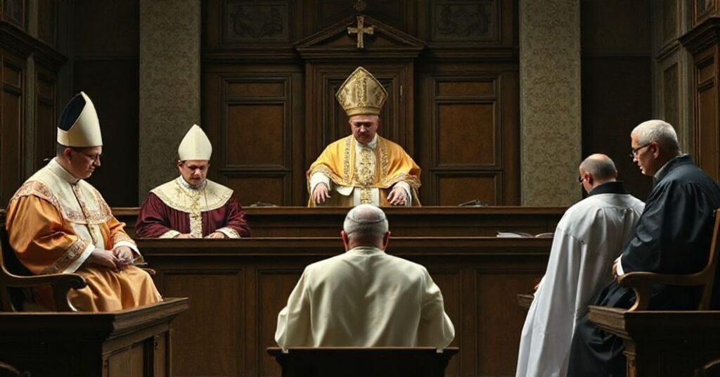 Sobór katolicki z pięcioma sędziami w tradycyjnych szatach liturgicznych orzekających w sprawie oskarżonego księdza o nadużycia seksualne i psychiczne. Pomieszczenie ma tradycyjne elementy kościelne, ale procedura jest niekanoniczna i ukazuje upadek Kościoła po Soborze Watykańskim II.