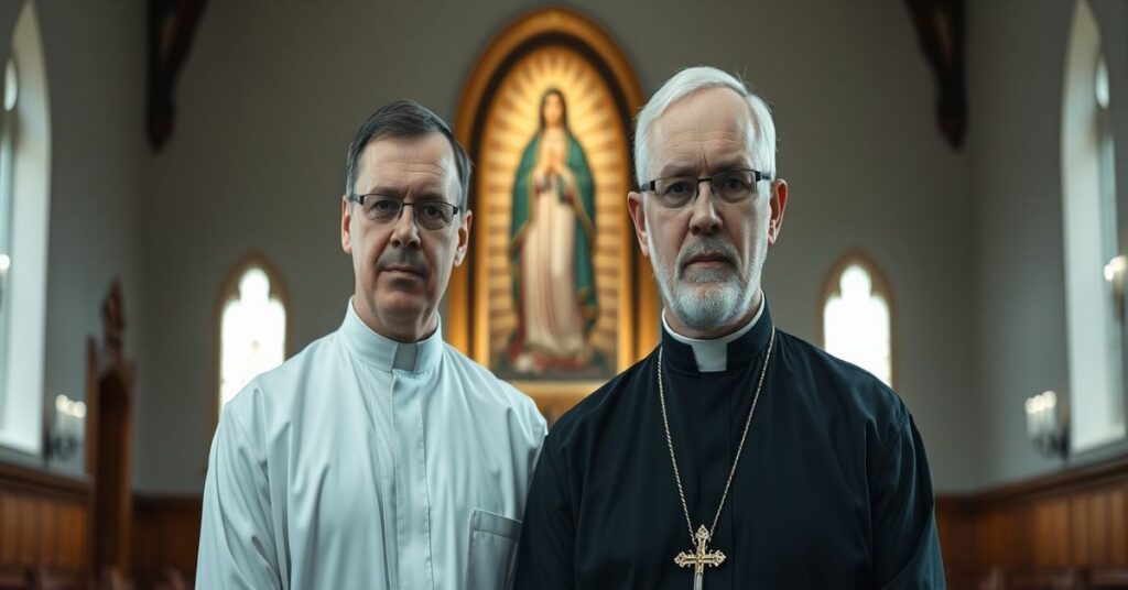 Prawdziwa tragedia Kościoła: nowoczesny kleryk i jezuita w kościele na tle Jasnej Góry