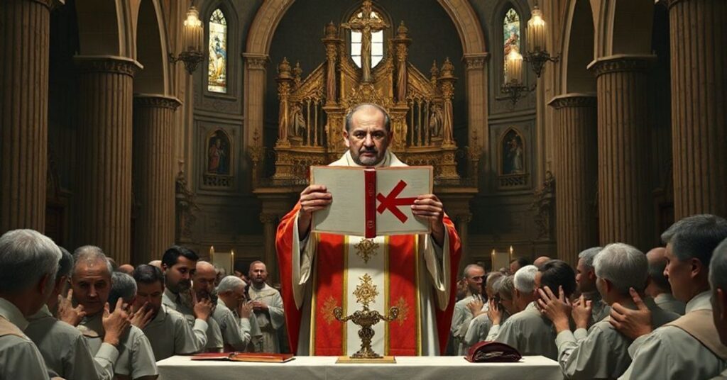 Stary kościół katolicki z tradycyjnym ołtarzem, gdzie ksiądz w tradycyjnych szatach liturgicznych trzyma książkę z przekreślonym twarzą Jana Pawła II. Wokół niego rozczarowani parafianie. Scena przekazuje kryzys duchowy i zamieszanie doktrynalne.