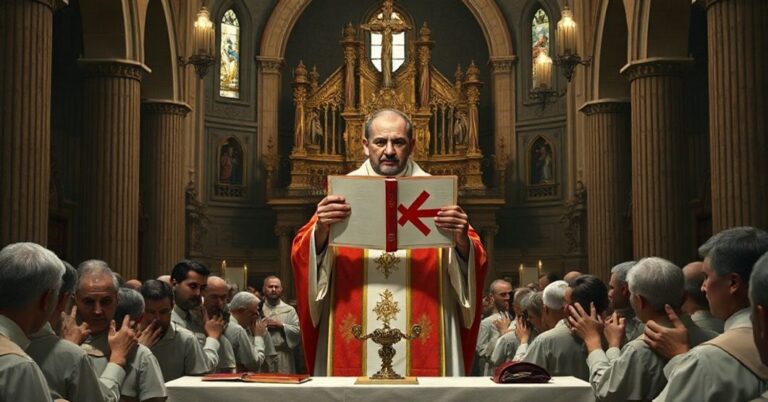 Stary kościół katolicki z tradycyjnym ołtarzem, gdzie ksiądz w tradycyjnych szatach liturgicznych trzyma książkę z przekreślonym twarzą Jana Pawła II. Wokół niego rozczarowani parafianie. Scena przekazuje kryzys duchowy i zamieszanie doktrynalne.