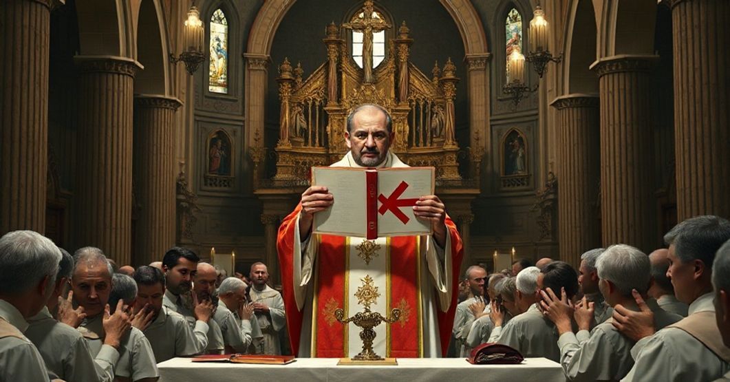 Stary kościół katolicki z tradycyjnym ołtarzem, gdzie ksiądz w tradycyjnych szatach liturgicznych trzyma książkę z przekreślonym twarzą Jana Pawła II. Wokół niego rozczarowani parafianie. Scena przekazuje kryzys duchowy i zamieszanie doktrynalne.